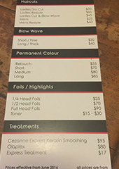 Hair by Janine - price list