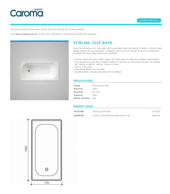 Caroma Stirling 1525 bath