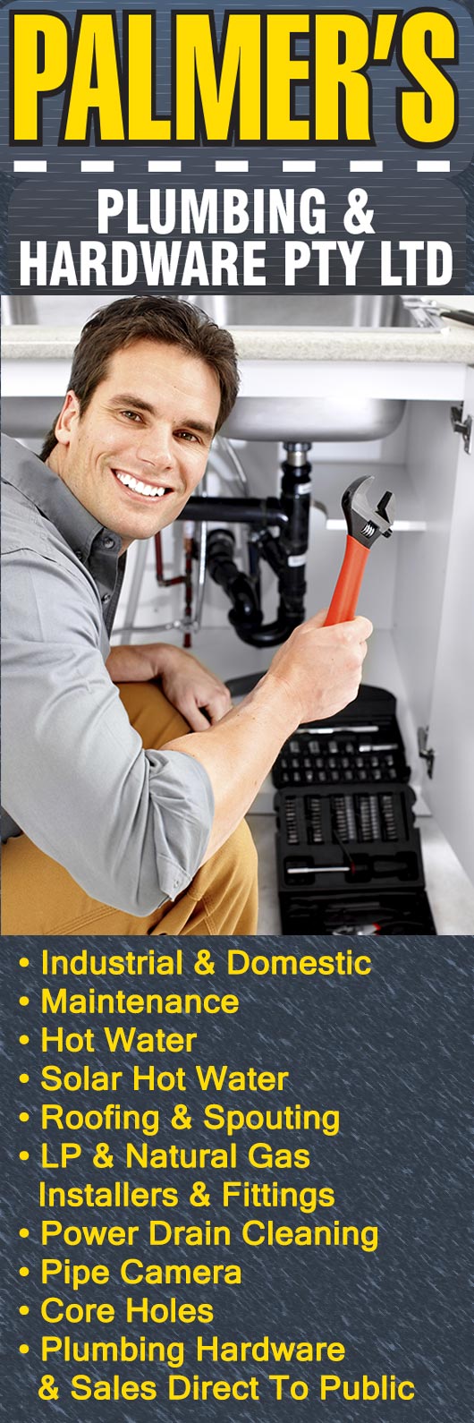 For all your plumbing needs phone Palmers Plumbing 6427 8489